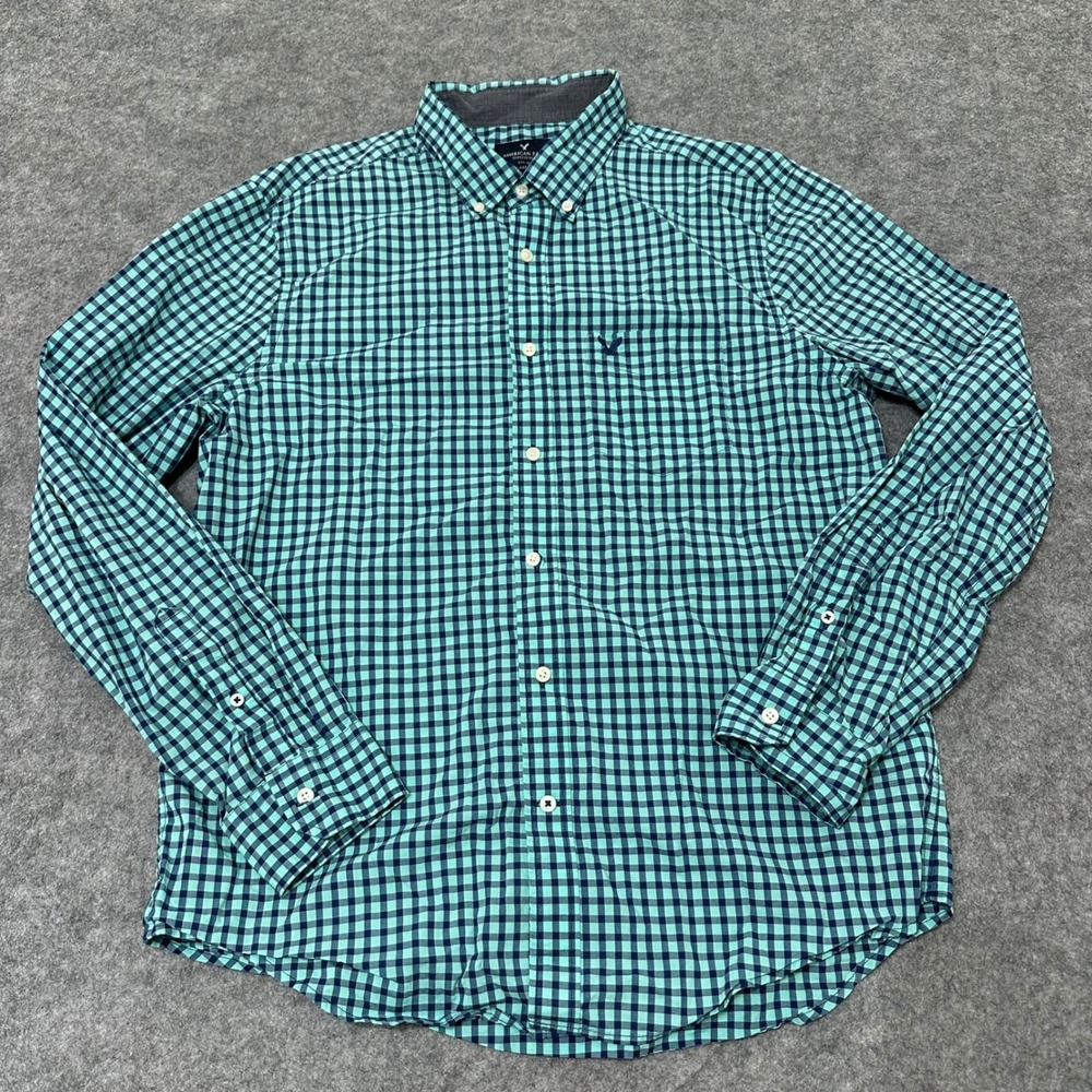 American Eagle Button Down Shirt Mens Large Green Gingham Classic Fit Cotton